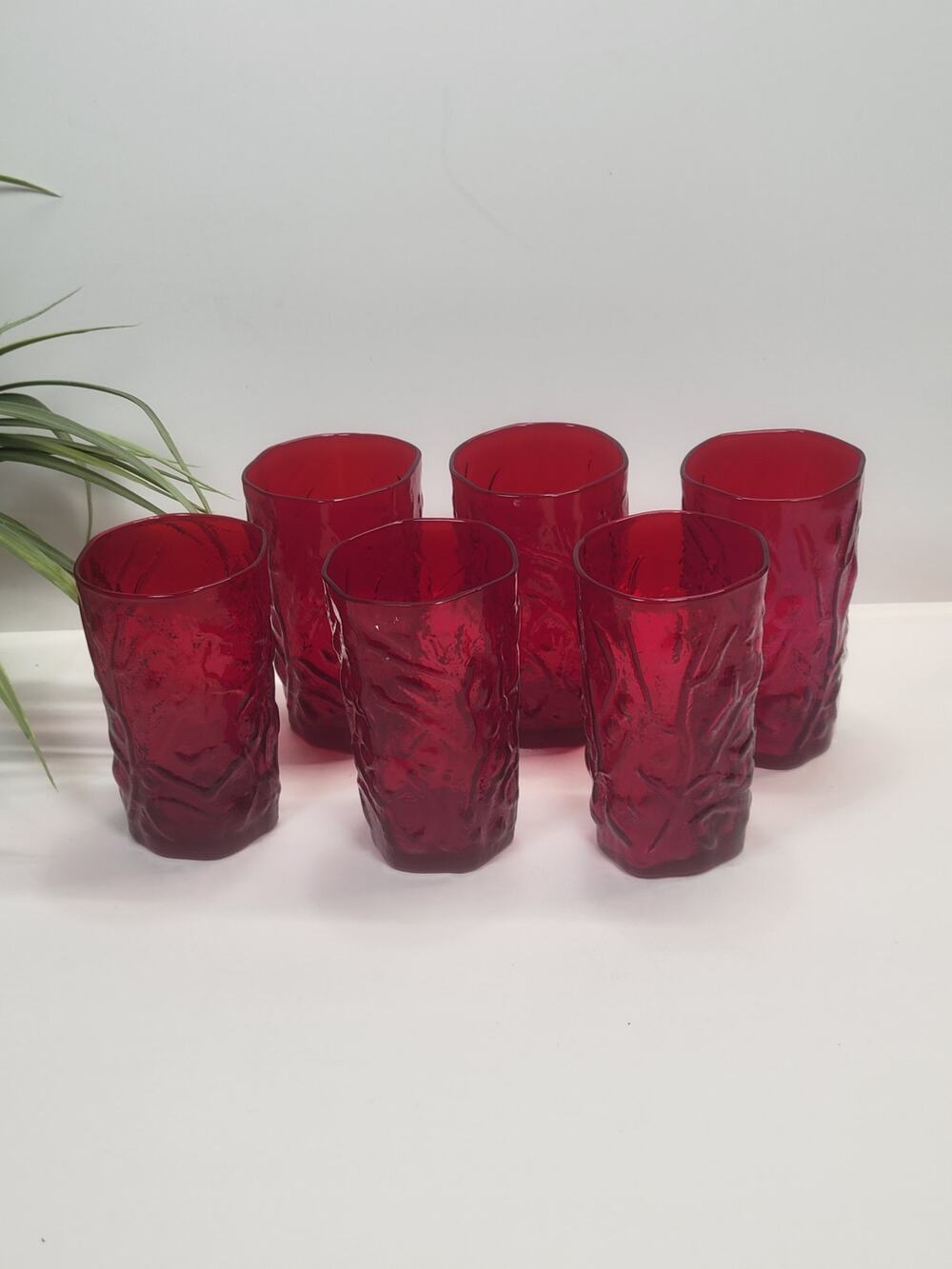 Vintage Seneca Driftwood Red Crinkle Glass Juice Tumblers Set of 6 MCM Ruby